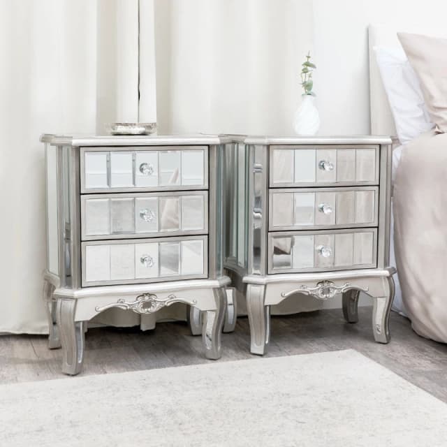Melody Maison Pair Of Mirrored Bedside Tables - Tiffany Range Metallic Silver