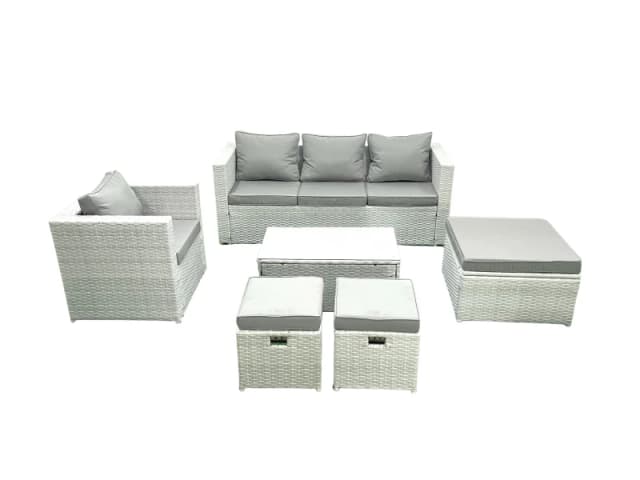 Fimous Rattan Garden Furniture Set with 3 Seater Sofa Chair Rectangular Coffee Table 3 Footstools Light Grey Mixed 6 Seater Light Grey