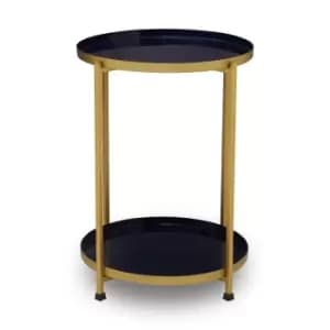 2 Tier Side Table with Blue Enamel Tops and Brass Finish Frame