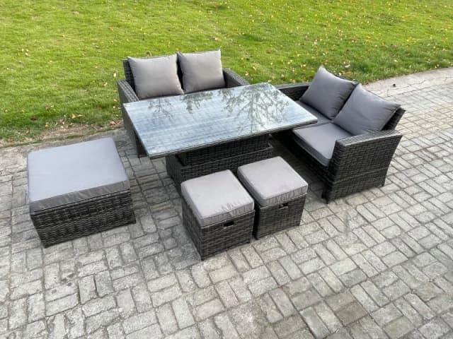 Fimous 7 Seater Wicker Rattan Garden Furniture Rising Table Set with 3 Footstool Double Seat Sofa Dark Grey Mixed Dark Grey Unisex
