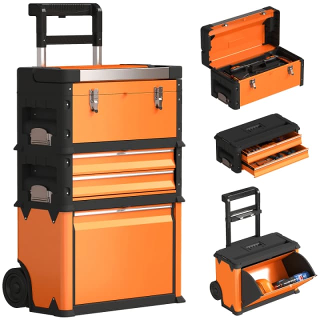 HOMCOM HOMCOM 3-in-1 Stackable Tool Box with Handles, Tray, Rolling Steel Toolbox in Orange Orange One Size Unisex 5063603396470