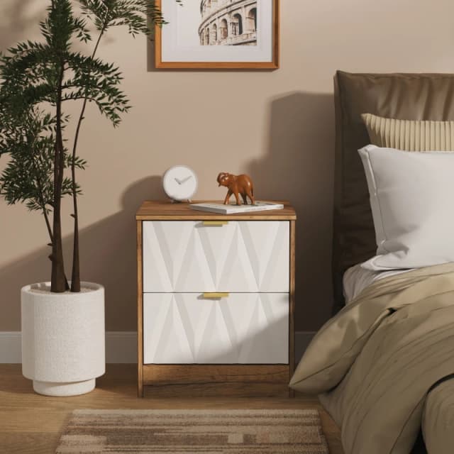 Welcome Furniture Ready Assembled Las Vegas 2 Drawer Bedside Cabinet In White Matt & Vintage Oak, White LVF005WMVO