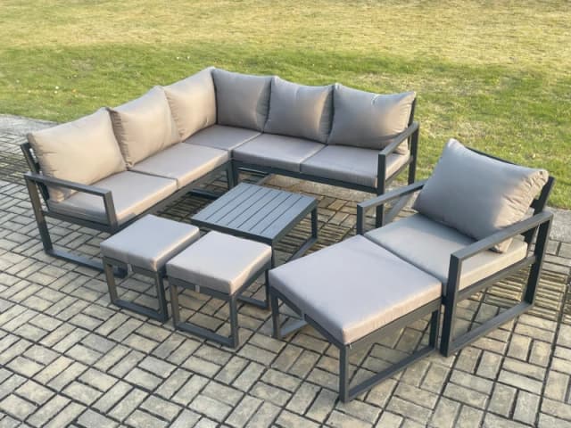 Fimous Outdoor Garden Furniture Set Aluminium Lounge Sofa Square Coffee Table Sets with Chair 3 Footstools Indoor Conservatory Set Dark Grey Dark Grey