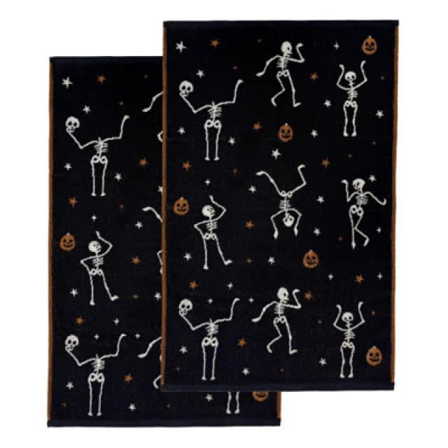 Allure Bath Fashions Luxury Pair Of Skeleton Halloween Hand Towels - 100% Cotton Spooky Tea Towels