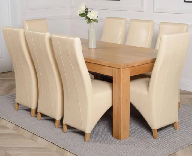Thats Furniture Dakot 182 x 92cm Oak Large Dining Table & 8 Lola Leather Chairs in Cream Size: 182 x 92cm Cream Unisex 182 x 92 cm