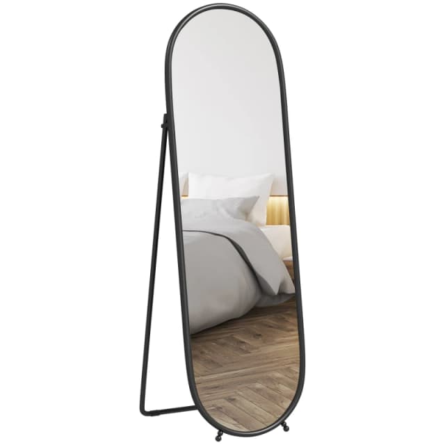HOMCOM Oval Full Length Mirror with Metal Frame Hanging or Leaning Black Black