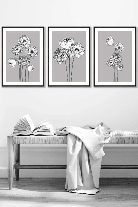 ARTZE Sketch Art Peonies on Grey Framed Wall Art - Medium in Black Size: W45cm x H62cm x D20mm Black Unisex W45cm x H62cm x D20mm
