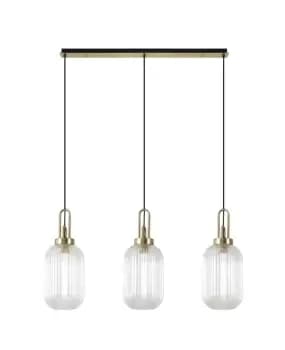 Linear 3 Light Pendant E27 With 20cm Tubular Ribbed Glass, Clear Brass Gold, Matt Black