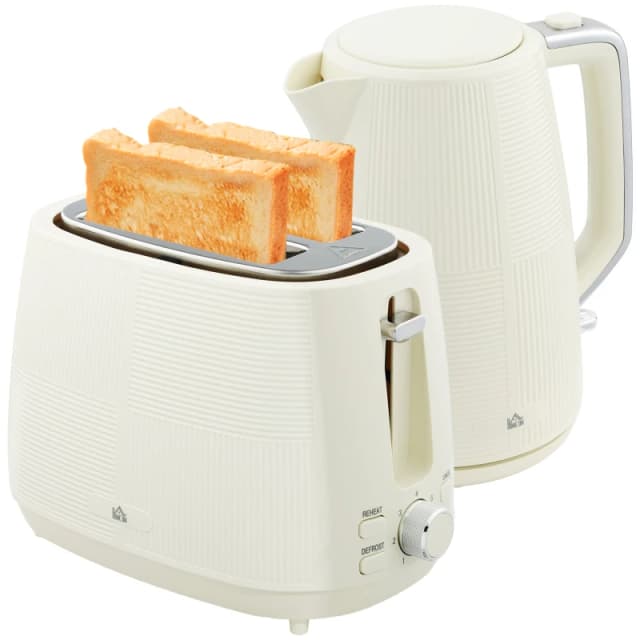 HOMCOM 1.7L Fast Boil Electric Kettle and 2 Slice Water Toaster Set Cream