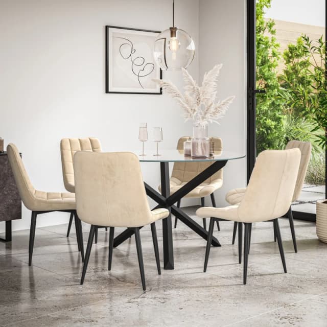 More4Homes Malvern Round Dining Table And Chairs - Clear Glass Table Top W Solid Black Oak Legs + Nova Velvet Dining Chair Set Of 6 (Beige)