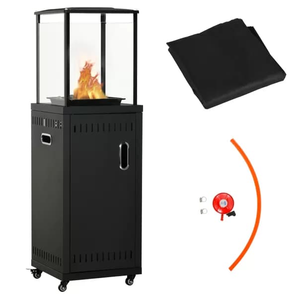 Outsunny 9KW Gas Patio Heater with Lava Rocks, Freestanding Heater Real Flame Propane Heater with Wheels, Dust Cover, Regulator and Hose
