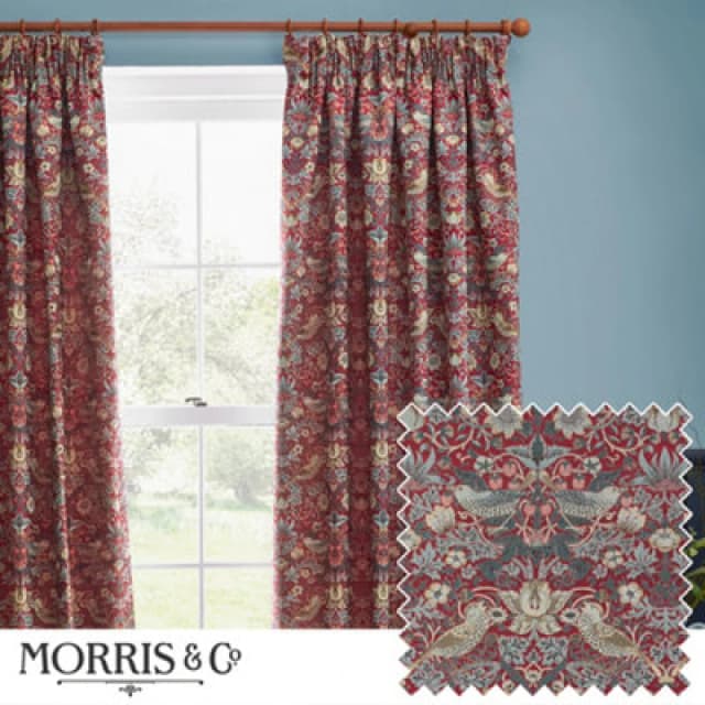Morris & Co Morris & Co Strawberry Thief Jacquard Jacquard Floral Room Darkening Pencil Pleat Curtains in Red Size: 168cm width x 229cm drop Red 168