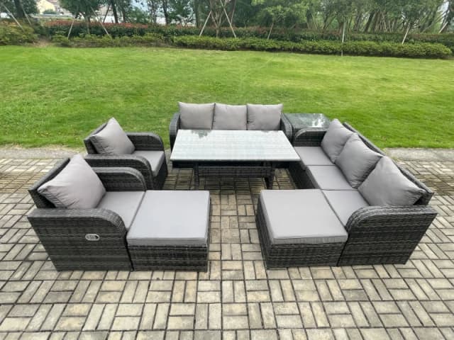 Fimous 10 Seater Rattan Garden Furniture Set Oblong Rectangular Dining Table & Chairs Set with 3 Seater Sofa 2 Big Footstool Side Table in Dark Grey D