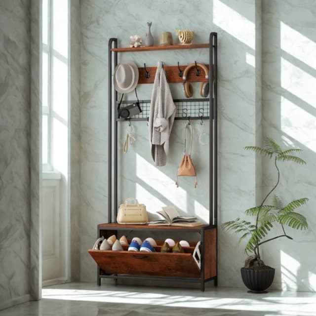 Industrial Entryway Hall Tree Coat Rack Stand With Shoe Storage And 10 Hooks