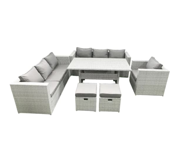 Fimous 6 Pieces Outdoor Rattan Sofa Set with Cushions Patio Garden Furniture Sets with Armchair Dining Table 2 Small Footstools Light Grey
