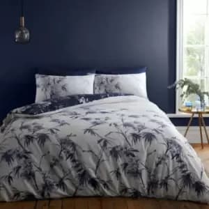 Bianca Kyoto Leaf Print 100% Cotton Reversible Duvet Cover and Pillowcase Set, Navy, King