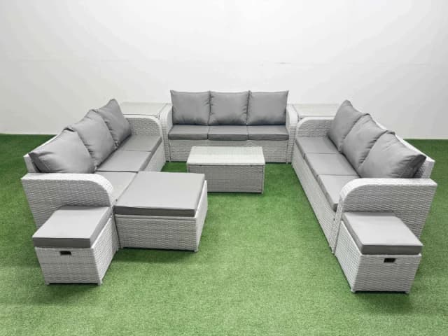Fimous PE Rattan Lounge Sofa Set 12 Seater Outdoor Garden Furniture Set with Rectangular Coffee Table 3 Seater Sofa 3 Stools 2 Side Table Light Grey L