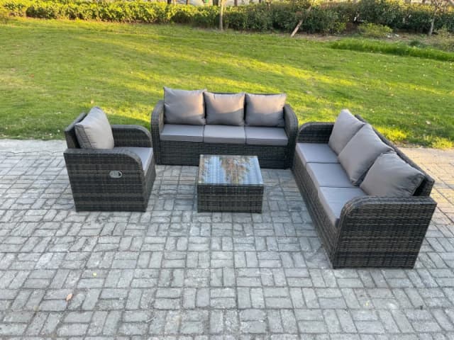 Fimous Outdoor Rattan Garden Furniture Set Conservatory Patio Sofa Coffee Table With Reclining Chair Dark Grey Mixed Dark Grey