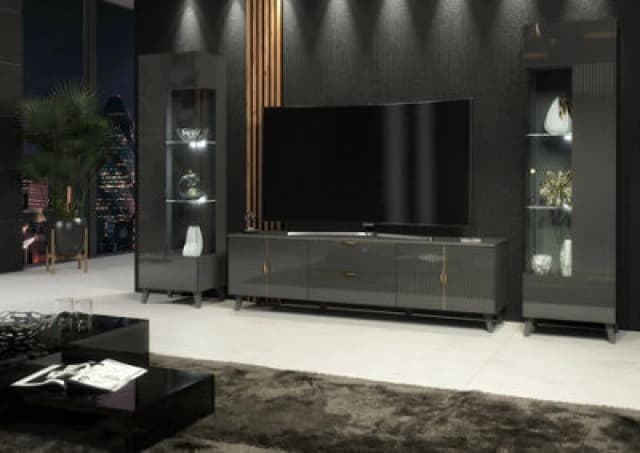 Furneo Grey Living Room Set TV Stand Display Cabinets High Gloss & Matt Azzurro 10/12G White LED Lights