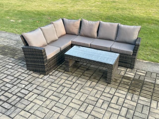 Fimous 6 Seat Rattan Garden Furniture Corner Sofa Set Outdoor Patio Sofa Table Set Dark Grey Mixed Dark Grey