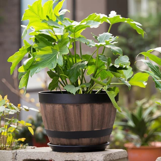 LIFE IDEAS Wooden Barrel Plastic Plant Pots Set of 4 Brown unisex One size