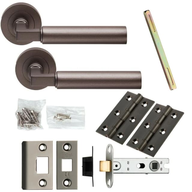 Loops Door Handle & Latch Pack Matt Bronze Straight Round Bar Screwless Round Rose Multi