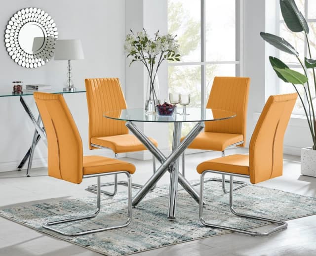 FurnitureboxUK FurnitureboxUK Selina Round Glass And Chrome Metal Dining Table And Lorenzo Chairs Set in Mustard Size: 2 Person Mustard 2 Person Uni