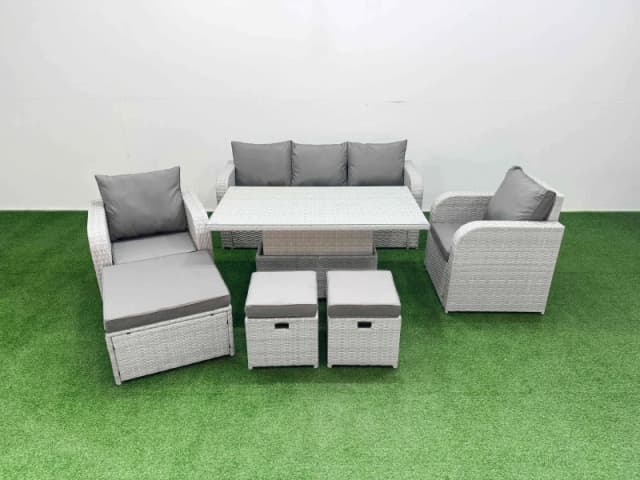 Fimous PE Rattan Garden Furniture Set Reclining Chair Sofa Lounge Sofa Set Adjustable Lifting Dining or Coffee Table 3 Stools Light Grey Light Grey