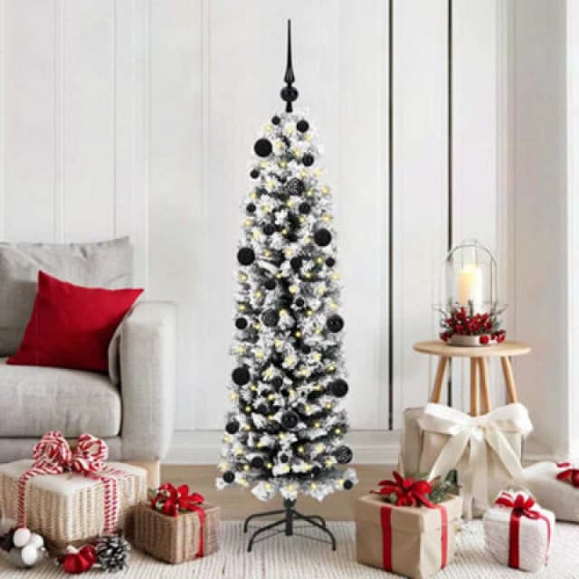 vidaXL Artificial Christmas Tree with 150 LEDs, Black Balls with Stand Snow Flocked Green 150 cm, Green 3395006