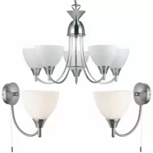 5 Lamp Ceiling & 2x Wall Light Pack Satin Chrome Glass Matching Indoor Fittings