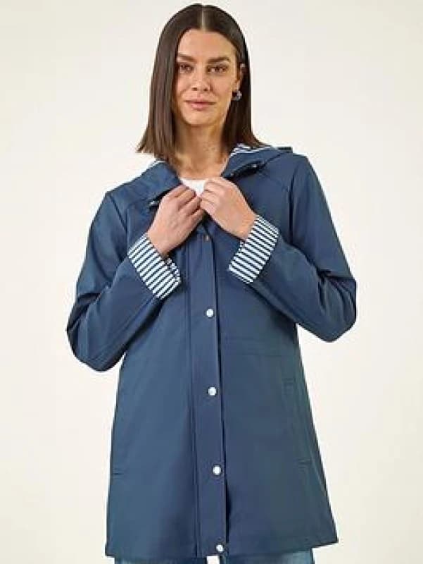 Roman Womens Hooded Stripe Rain Jacket in Navy Size: 10 Navy Female 10