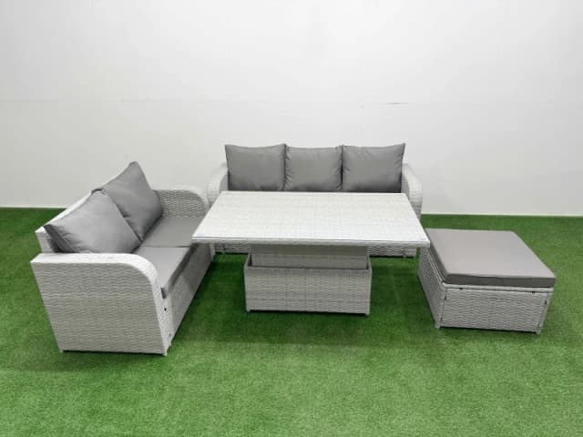 Fimous 6 Seater PE Rattan Wicker Garden Furniture Patio Conservatory Sofa Set with Adjustable Lifting Dining or Coffee Table 3 Seater Sofa Love Sofa B