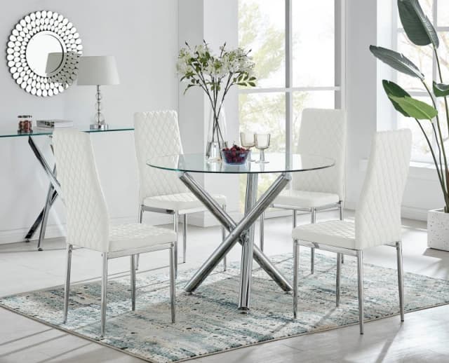 FurnitureboxUK FurnitureboxUK Selina Chrome Round Glass Dining Table and 4 Milan Dining Chairs in Off White Size: 4 Person Off White 4 Person Unisex