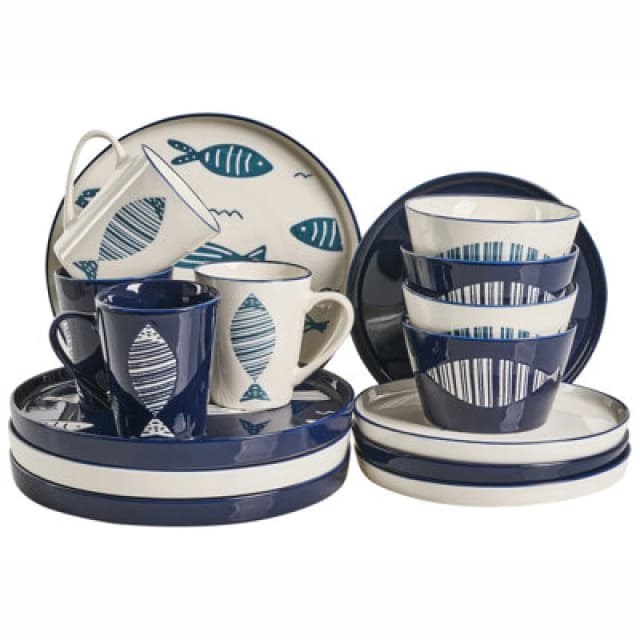 Beliani Set Of 16 Dinnerware Tamarind Porcelain White/ Blue