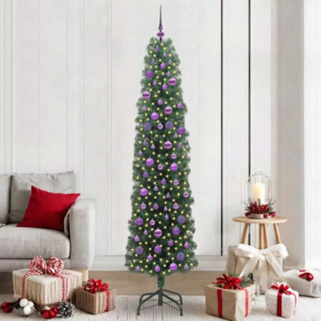 vidaXL Artificial Christmas Tree with 300 LEDs, Lilac Balls with Stand Green 210 x 55 cm, Green 3394962