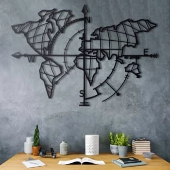 World Map Compass - Black Decorative Metal Wall Accessory