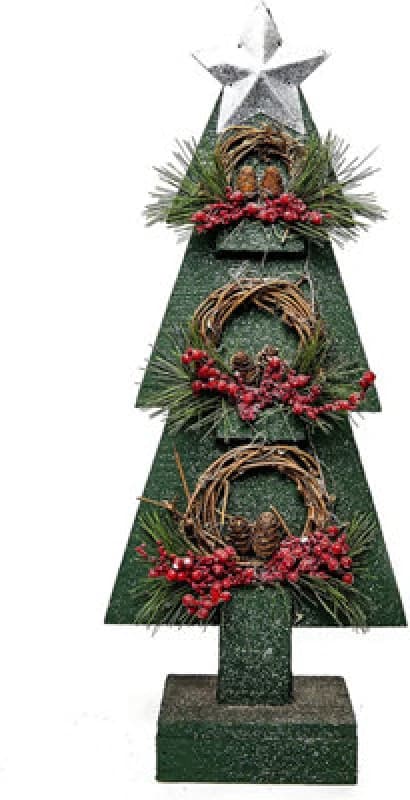 Shatchi Christmas Decoration Gift Battery Operated Green Tree Tabletop Decorated with Berries, Pines and Small Warm White Bulbs Green