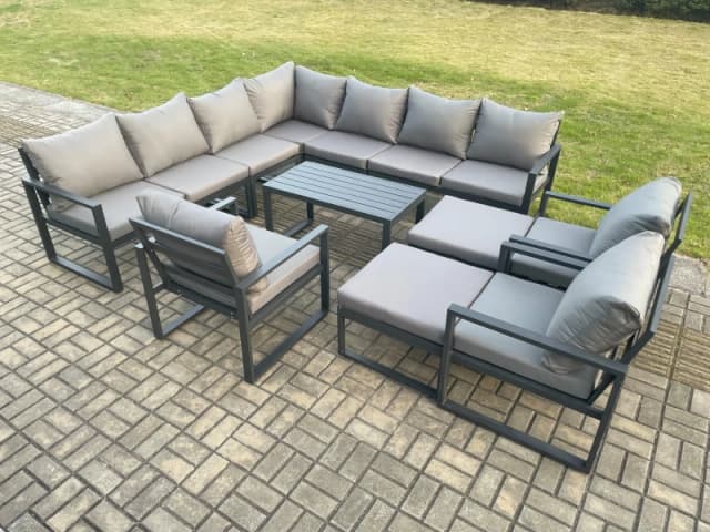 Fimous Aluminium Outdoor Garden Furniture Set Lounge Corner Sofa 3 Pcs Chair Oblong Coffee Table Sets with 2 Big Footstools Dark Grey Dark Grey Unisex