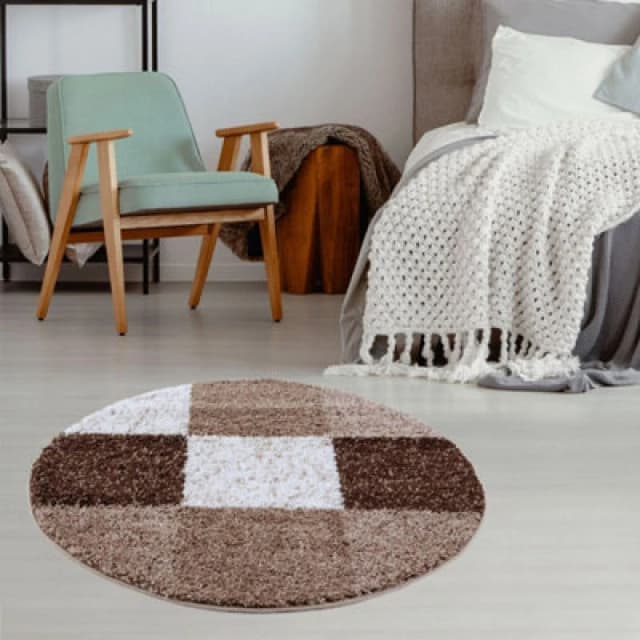 THE RUGS Fluffy & Soft Shaggy Rugs Living Room Rug in Brown - Elegant Geometric Design Carpets For Bedrooms & Kitchen 381 Size: 120cm diameter Br