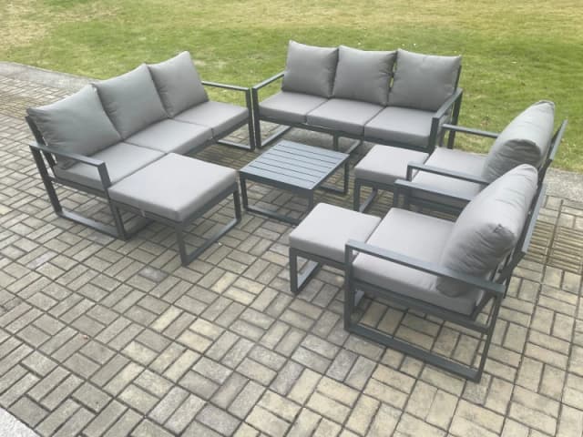 Fimous Aluminium Outdoor Garden Furniture Set Patio Lounge Sofa with Square Coffee Table 2 Armchairs 3 Footstools Dark Grey Dark Grey Unisex