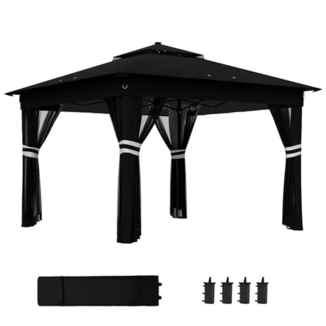 Outsunny 3x3(m) Pop Up Gazebo w/ Solar-Powered LED Lights Netting Black 84C-483V01BK