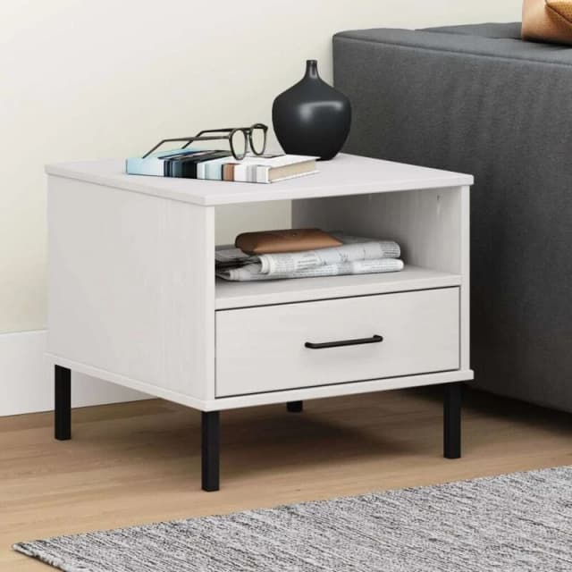 Vidaxl Bedside Table With Metal Legs White Solid Wood Pine Oslo, White 351032