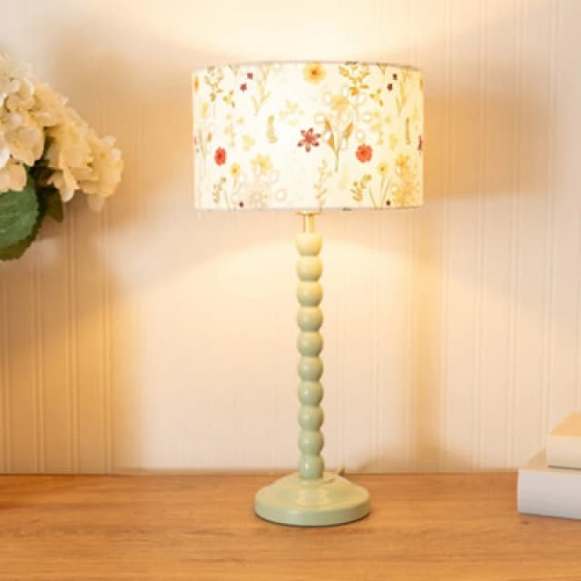 ValueLights Bobbins Sage Green Table Lamp with Floral Embroidered Drum Lamp Shade Pale Green