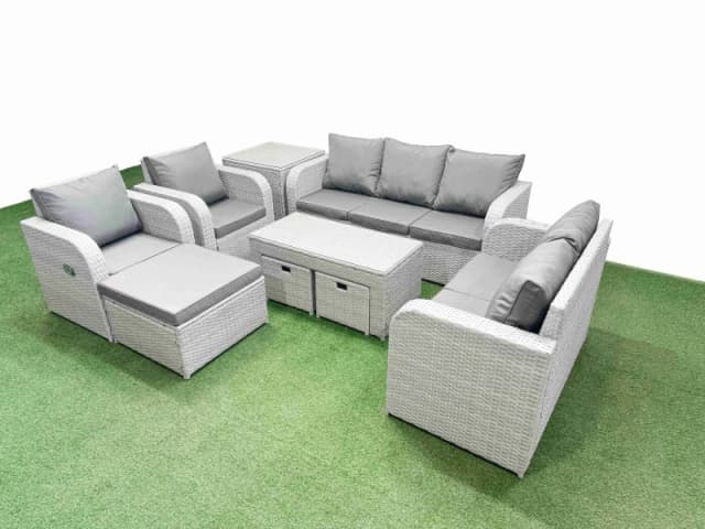 Fimous PE Rattan Garden Furniture Set Adjustable Chair Sofa Double Love Seat 2 Seater Sofa Lounge Set Rectangular Coffee Table 3 Stools Side Table Lig