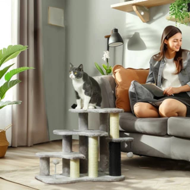 PawHut Cat Tree 2 in 1 Pet Stairs w/ Scratching Tickling Post - Light Grey - Light Grey TJ Hughes 5061025011223
