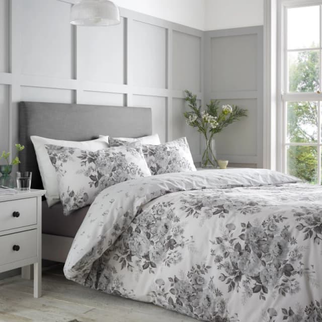 Catherine Lansfield Elinda Floral Reversible Duvet Cover Set Duvet Cover Sets Single Grey 70618002010