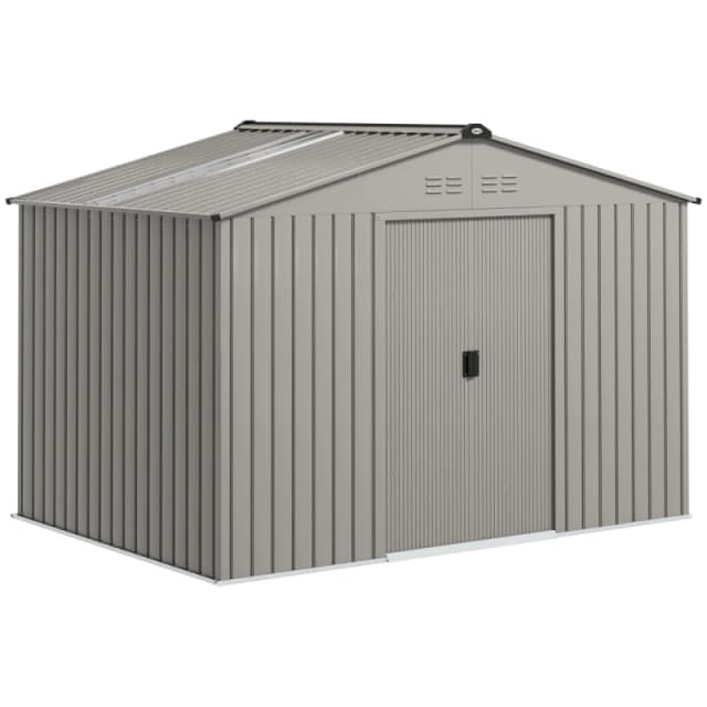 Outsunny 9 x 6FT Galvanised Garden Storage Shed with Sliding Door, Grey 845-031V03SR