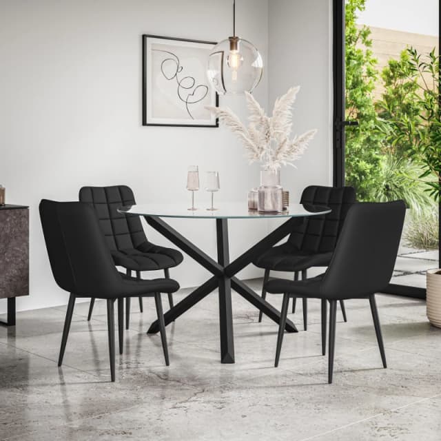 More4Homes Malvern Round Dining Table And Chairs - Clear Glass Table Top W Solid Black Oak Legs + 4 Nova Faux Leather Dining Chairs (Black)