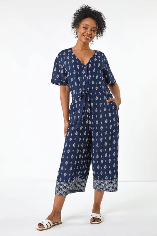 Roman Womens Petite Print V-Neck Cropped Jumpsuit in Navy Size: 10 Navy Female 10