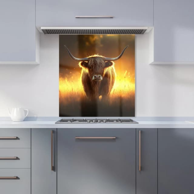 Warren Reed - Designer Highland Cow Sunset Kitchen Splashback in Orange Size: 600mm x 650mm Orange Unisex 600mm x 650mm